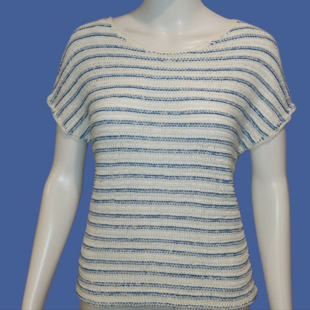 VINTAGE 90s Lauren Ralph Lauren Striped Knit Boatneck Top XS Blue White Coastal